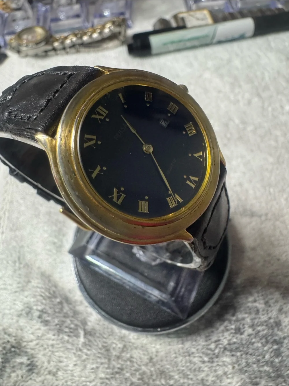 Pulsar Gold-Tone Case Navy Dial Black Leather Strap Watch